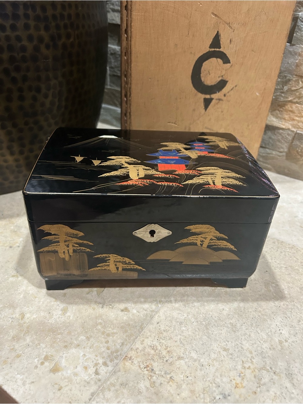 Vintage Black Lacquered Asian Musical Jewelry Box
